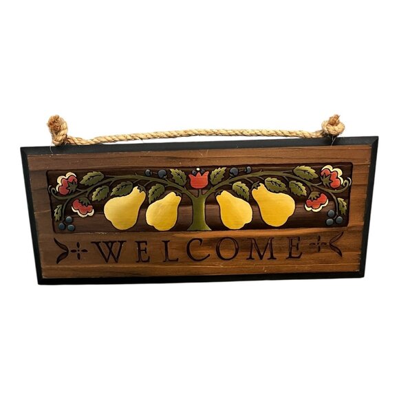 Wood Welcome Hanging Sign With Pear Tree Design 5.5" X 14" - Picture 1 of 3